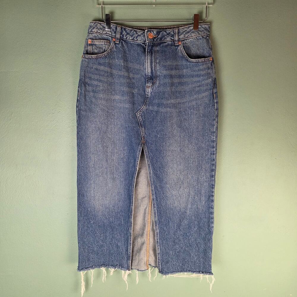 Garage Denim Womens Medium Front Slit Maxi Skirt Frayed Hem Medium Wash